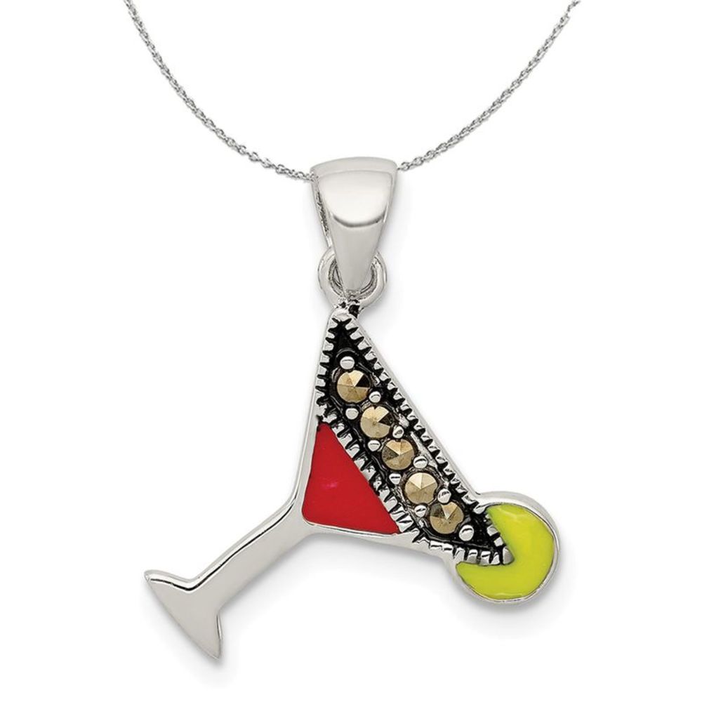 Sterling Silver, Enamel and Marcasite Martini Glass Necklace - 20 Inch